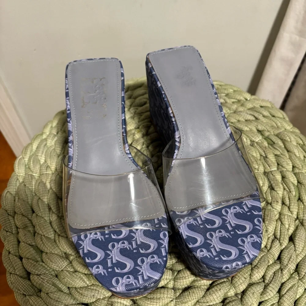 Sooki La La The Rocky La La Clear Slip On Blue Logo Platform Wedge Sandals